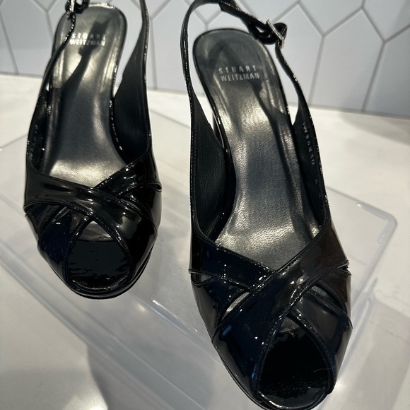 Stuart Weitzman Peekapoo Black Patent 3” Heels Sling back and peekaboo toe. - Picture 2 of 9